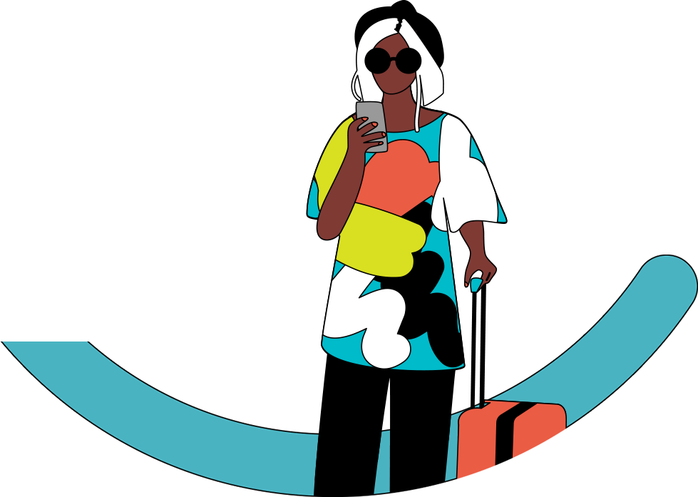 Imagem decorativa de uma pessoa segurando um celular e uma mala de viajens